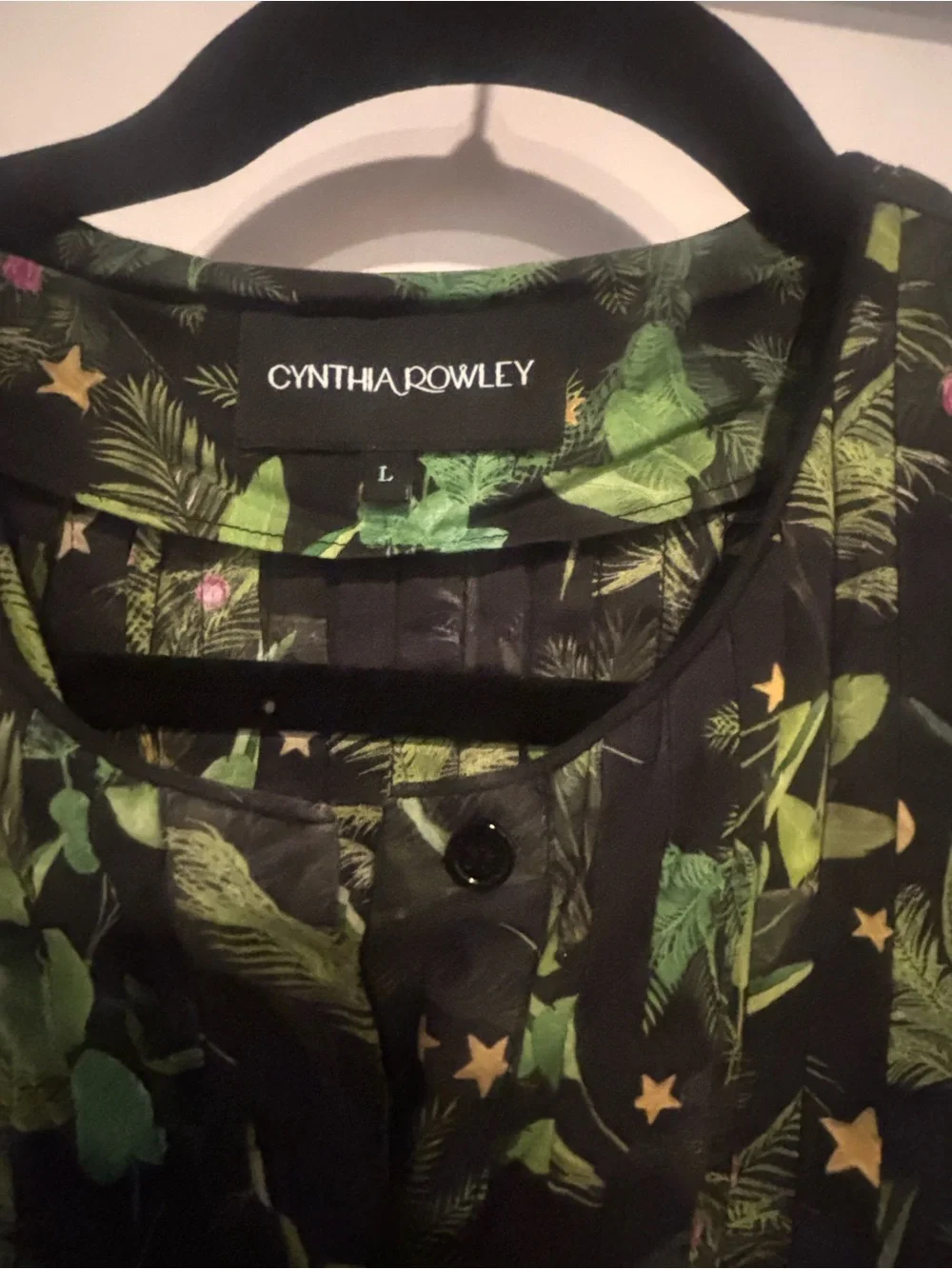 Cynthia Rowley Black Maxi Dress with Green Botanical Print and Pink Accents